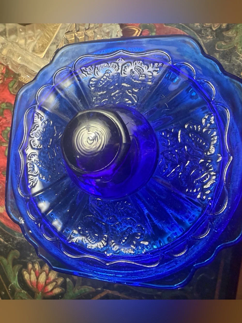 Anchor Hocking Cobalt Blue Floral Glass Biscuit Barrel  Lid